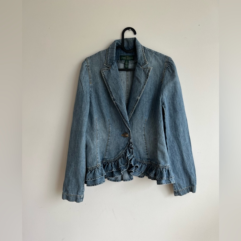 Lauren Ralph Lauren Blue Denim Jacket with Ruffle Hem